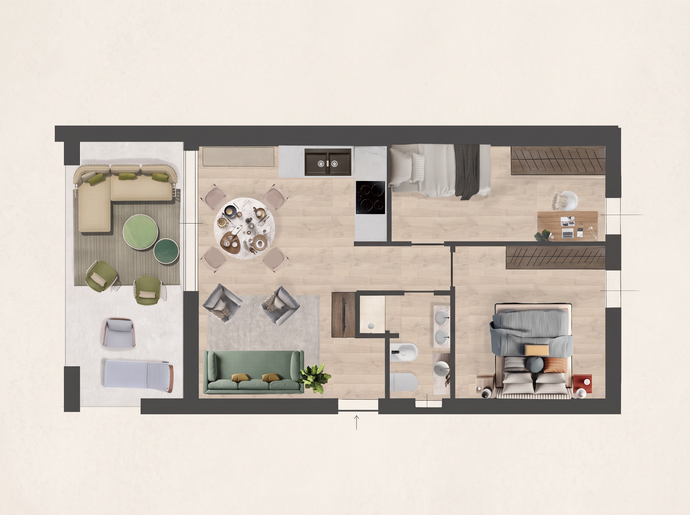 Visualisierung: möblierter Grundriss einer Wohnung